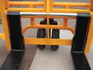 The All Terrain Pallet Truck has large wheels to reduce moving effort over rough, snowy and uneven surfaces.