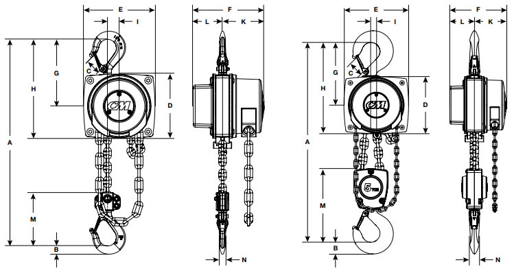 Hurricane 360 Degree Hand Chain Hoist drawings of 1/2 to 5 ton capacity hoists to be used with below Specifications & Dimensions table below.