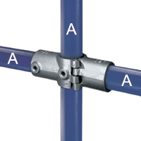 Type A26 Split Two Socket Cross performs the same function as  Type A21 Split 90 Degree Side Outlet, but because of its unique "hinge and pin" system, it can be added to an existing tubular assembly.