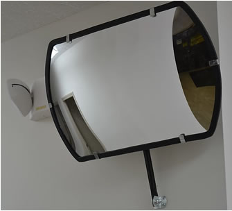 All styles and sizes of convex mirrors are mounted with a ball and socket swivel in the center of the back, for adjustment to the desired viewing angle and the outdoor models are constructed to withstand most weather conditions.