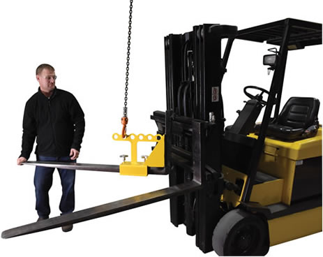 The Forks Lifter is designed to quickly and easily attach or remove fored steel forks from a carriage.