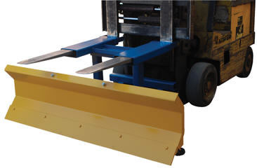 The Fork Truck Snow Plow has a unique design that allows it to attach to fork truck forks.