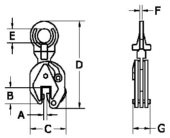 PCUA Series Universal Plate Lifting Clamp Drawing for use with below Specifications and Dimensions table.