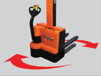 The PowerStak Straddle Design Stackers features a tight turning radius which allows the stacker to work in much narrower aisles than conventional forklift trucks.