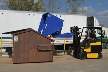 Self-Dumping Steel Hoppers with Bumper Release returns to an upright and locked position automatically after it dumps.