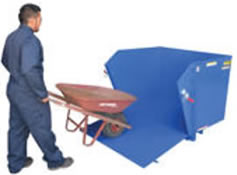 Self-Dumping Steel Hopper with Fold Down Front is easily loaded with wheeled carts.