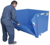 Self-Dumping Steel Hopper has a ramp that may be lowered for easy loading and unloading.