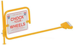 Universal Steel Rail Chock Model FRC-2 has an aluminum "Chock Your Wheels" sign which is visible from both sides and has steel construction.